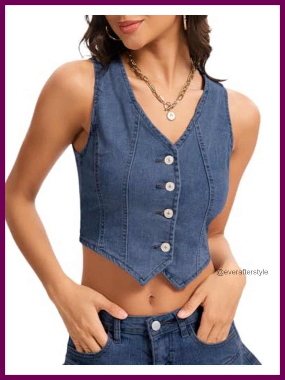 Cropped Denim Vest Sleeveless Button Down V-Neck Jean Waistcoat